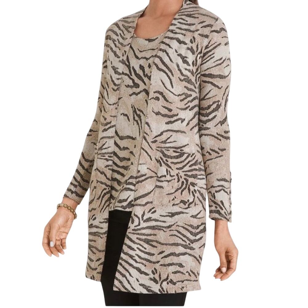 Chico’s Long Cardigan Sweater Size 3 US XL Tiger Print Rib Knit Pockets Casual